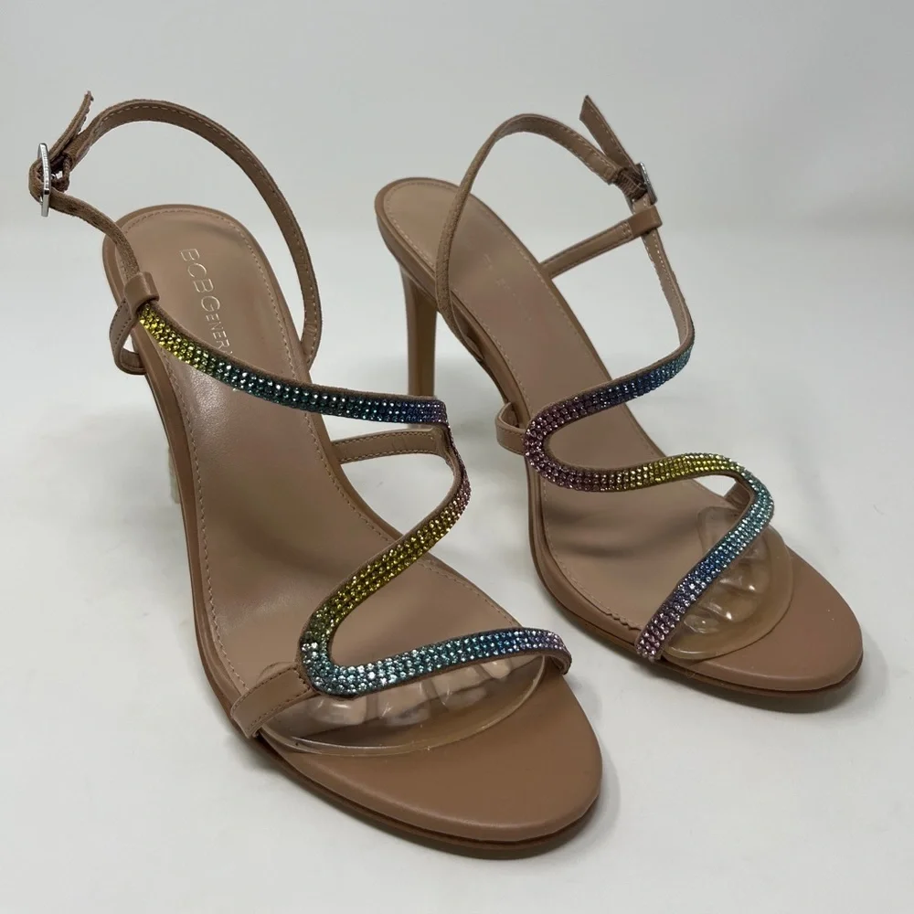 NWOT. BCBG Tan Rainbow Strap Heel Sandals Size 8